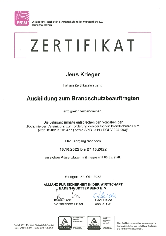 Zertifikat Jens Krieger Brandschutzbeauftragter